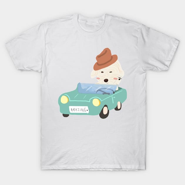 Maltipoo Dog Driving Retro Car Illustration T-Shirt by PatternbyNOK